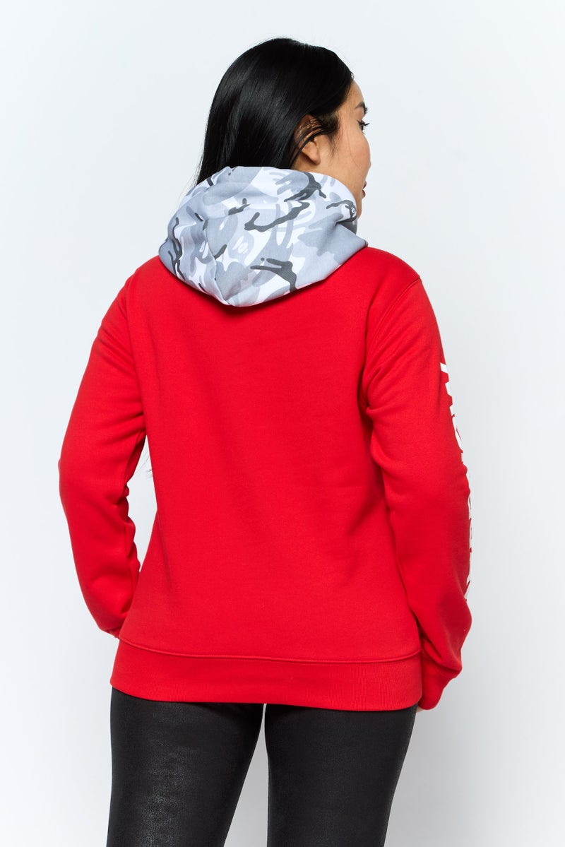 Aape By A Bathing Ape سويت شيرت نسائي برسومات بأكمام طويلة مع غطاء رأس، أحمر - Image 4